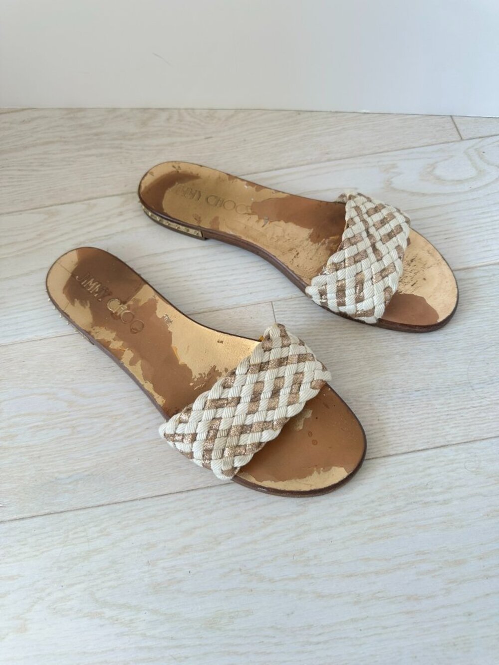 JIMMY CHOO BRAIDED FLAT SANDALS, SIZE 40/US 10, GOLD/WHITE, STUDDED BASE